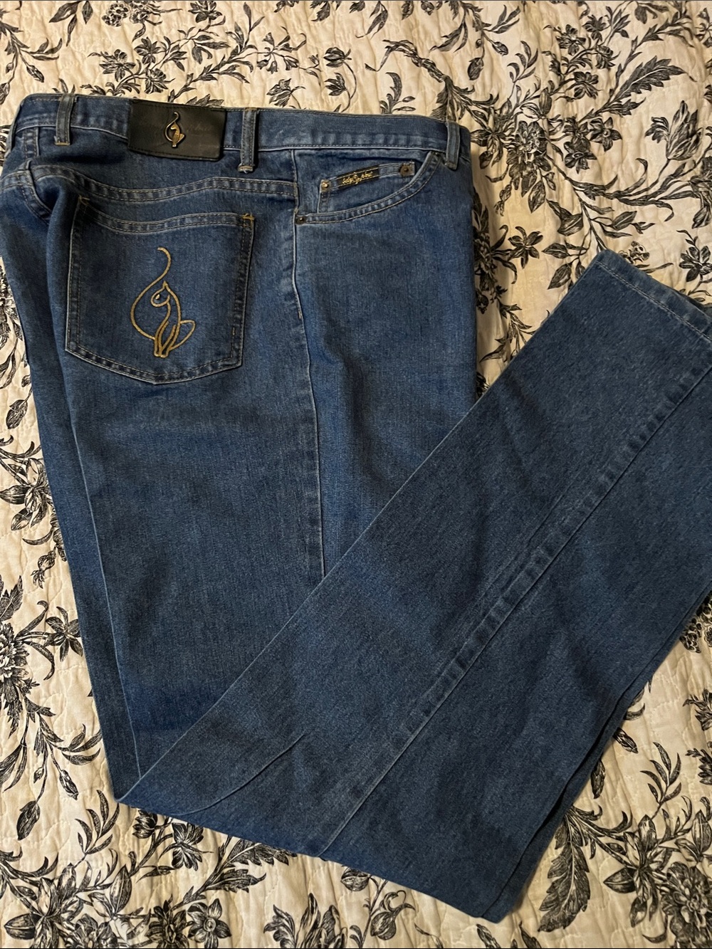 Baby Phat Women's Straight Leg Denim Jeans in Dark Blue with Gold Embroidery